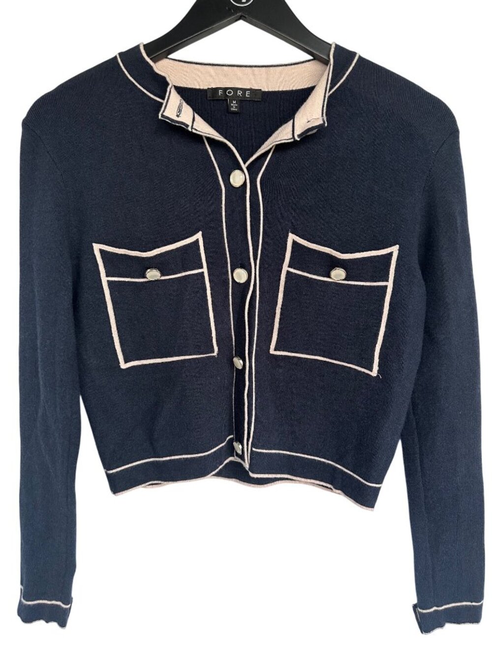 Fore Cardigan Sweater Medium Cropped Button Front Long Sleeve Navy Cream Preppy